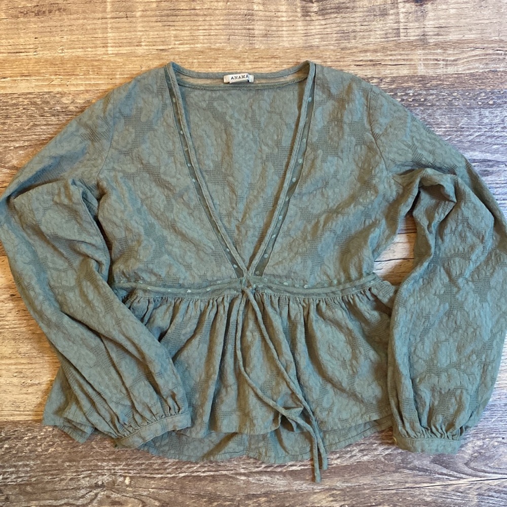 Anthropologie Anama Boho Khaki Banded Waist Blouse size S